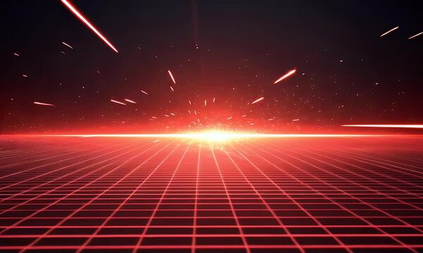 Red grid background with laser beams and glow effects, creating an immersive sci-fi atmosphere for video games or digital visuals. The red light rays add depth to the scene, enhancing the visual impac
