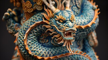 Obraz premium Intricate dragon sculpture showcasing detailed craftsmanship and vibrant colors, blending tradition and artistry.