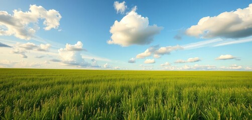 Fototapeta premium Endless verdant meadow under a serene sky, fluffy clouds drift lazily, freedom, beautiful, serene