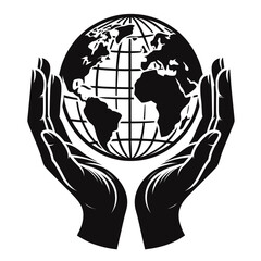 Globe held by two hands silhouette black color logo on white background
