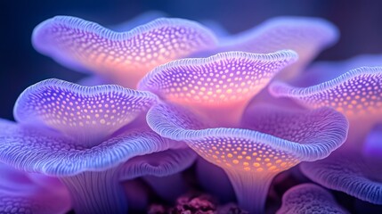 A vibrant display of coral polyps in an aquarium, illuminated with shades of blue, purple, pink, and yellow, is visible in a close-up view