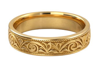 A beautifully detailed gold ring featuring intricate floral engravings, showcasing elegance and craftsmanship.