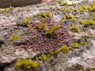 Dilated Scalewort (Frullania dilatata), a species of liverwort, amongst mosses on a tree trunk