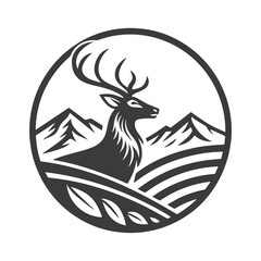 Majestic Stag Silhouette with Mountain Range – Circular Vintage Logo Design in Black and White with Nature-Inspired Emblem