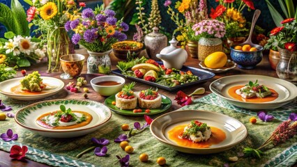 Fototapeta premium A Festive Table Setting Featuring Exquisite Culinary Creations and Vibrant Floral Arrangements