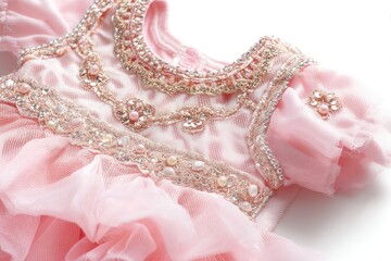 Delicate, pink infant dress adorned with golden embellishments.