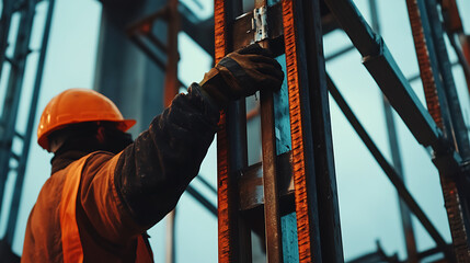 Construction worker securing steel frame on building. Featuring teamwork and strength