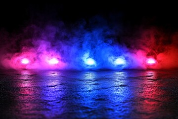 A wet surface mirrors red and blue lights, with smoke generating a moody and atmospheric ambiance