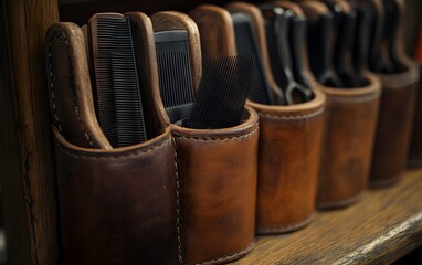 Obraz premium Leather Barber Tool Roll Combs Shears Hairdressing Kit