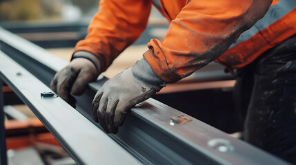 Construction worker securing steel frame on building. Featuring teamwork and strength