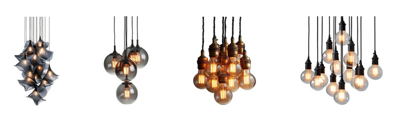 Obraz premium Assorted pendant light fixtures with various bulb shapes and finishes.