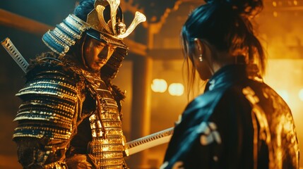 A samurai in golden armor and a modern influencer in a leather jacket, lost in each other in an ancient dojo.