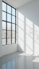 Bright sunlight streams through large window illuminating minimalist white room. AI Generated