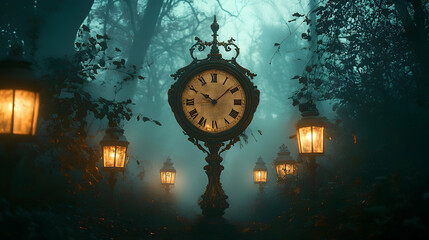 An antique clock with Roman numerals, standing amidst lanterns in a foggy enchanted forest