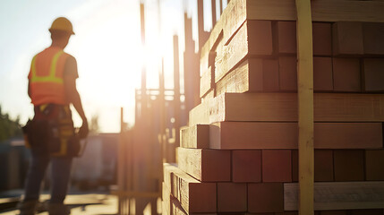 Construction worker stacking building materials on site. Featuring strength and coordination