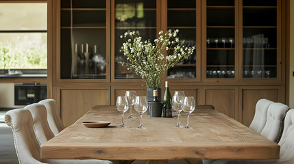 An artisanal wooden dining table with upholstered chairs in neutral tones