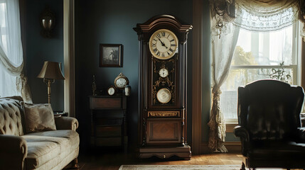 An elegant antique grandfather clock in a vintage-styled room, exuding timeless charm
