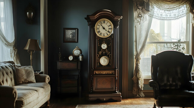 An elegant antique grandfather clock in a vintage-styled room, exuding timeless charm