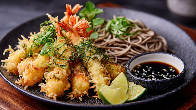 Japanese-style shrimp tempura over cold soba noodles