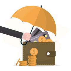 Fototapeta premium Businessman or banker hand holding umbrella and cover wallet with money. Secured banking, financial insurance. Deposit, savings protection, financial risk and safety.