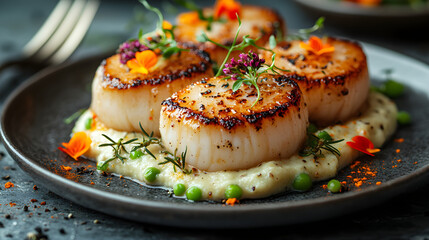 Close-up of a gourmet dish of seared scallops on a creamy pea puree, garnished with microgreens and edible flowers, elegantly placed on a fine china plate with a sleek, modern fork and knife beside it