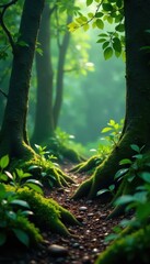 Fototapeta premium Deep woods, water droplets on flora, earthy scent, untamed, light, nature