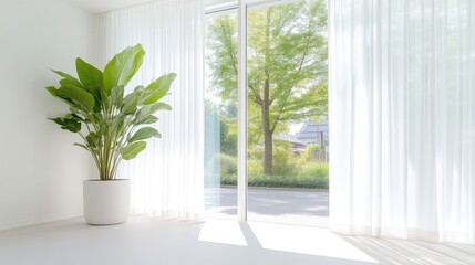 Fototapeta premium Large Tropical Plant in White Pot Sheer Curtains Bright Sunlight Wide Angle Shot Minimalist Interior Design Peaceful Atmosphere Home Decor Bright White Tones Ideal for Real Estate Listings