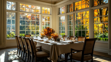 An elegant dining room adorned with autumn decor, featuring large windows showcasing vibrant fall foliage