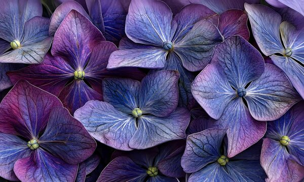 Close-up of vibrant, purple and blue hydrangeas with delicate petals filling the frame, showcasing nature's intricate beauty