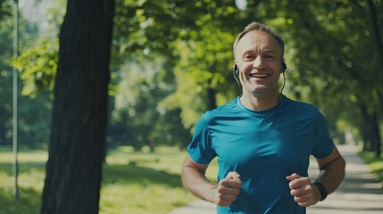 Fototapeta premium A smiling older man jogs along a path in a park, wearing a blue t-shirt and headphones