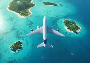 Fototapeta premium Airplane flying over tropical islands aerial view of paradise vacation