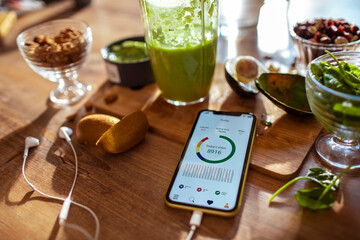Healthy lifestyle tracking with smartphone app, green smoothie, and fresh fruits on kitchen table
