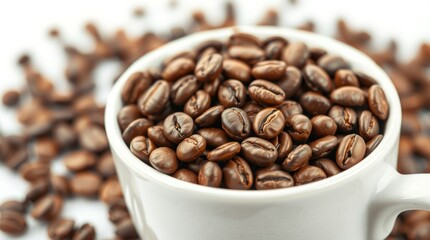 Fototapeta premium Roasted coffee beans in a white cup. Close-up view of many whole coffee beans, rich brown color, filling a small white cup. A focus on the beans inside the cup, with blurred beans scattered around