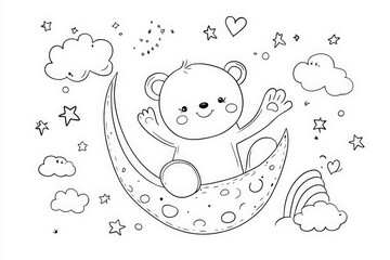 Black and white line art of a cute cartoon bear sitting on the moon, surrounded by clouds, stars, and hearts in a night sky. Adorable kids coloring page or bedtime theme art.