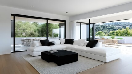 Fototapeta premium Modern open-plan living area with white sectional sofa, black coffee table, and expansive glass doors