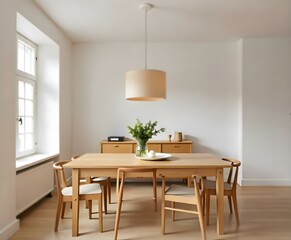 A dining room with a wooden table and chairs , a beige lamp hanging from the table , and a wooden sideboard in the background 