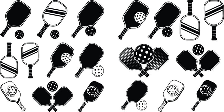  Set of Pickleball Paddles with Perforated Balls &ndash; Flat Black Icons Ideal for Logos, Posters, and Print Media