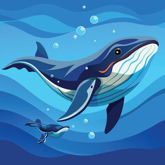 A mother humpback whale swimming with her calf in the clear blue ocean.