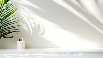 Fototapeta premium Elegant White Background With Palm Leaf Shadow And Display