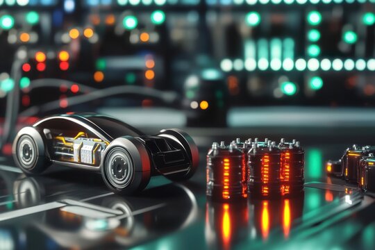 Electric car model on a digital display with battery elements and circuit designs - Powered by Adobe