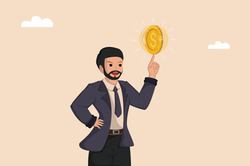 A Businessman Confidently Balancing a Large Gold Coin on His Finger, Symbolizing Expertise in Money Management and Growth.