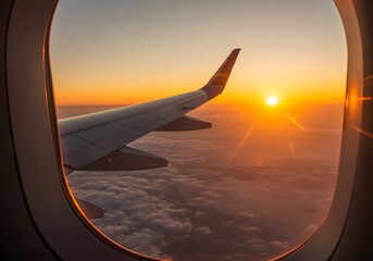 Airplane wing sunset aerial view travel photography