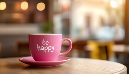 Fototapeta premium be happy on pink coffee cup stands on table on sunny day over white cafe background