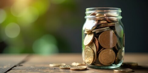A mason jar overflowing with assorted currency , financial stability, money