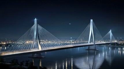 Fototapeta premium Modern cable stayed bridge illuminated at night with city lights