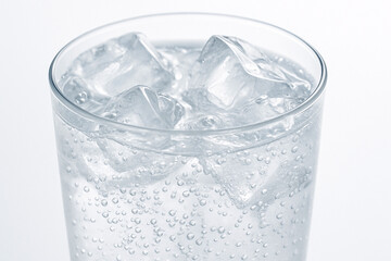 炭酸の泡が弾ける氷入りグラスの冷たいドリンク