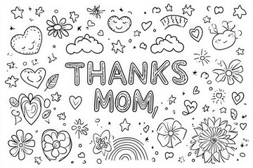 Black and white line art illustration featuring the phrase “Thanks Mom” surrounded by smiling clouds, flowers, stars, butterflies, and hearts. Wholesome coloring page for kids and moms.