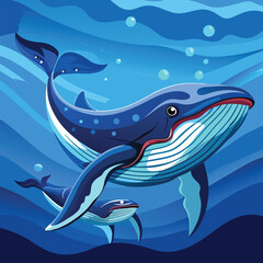 A mother humpback whale swimming with her calf in the clear blue ocean.