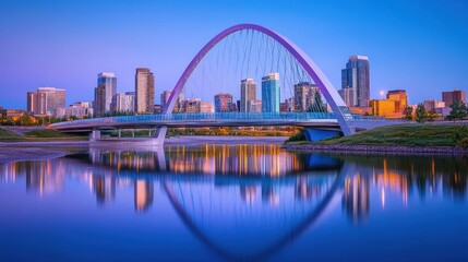 Naklejka premium A modern bridge spans the river in front of city buildings