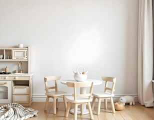 A children's room with a white wall, a small round table with four chairs, a toy kitchen , and a blanket on a wooden floor 